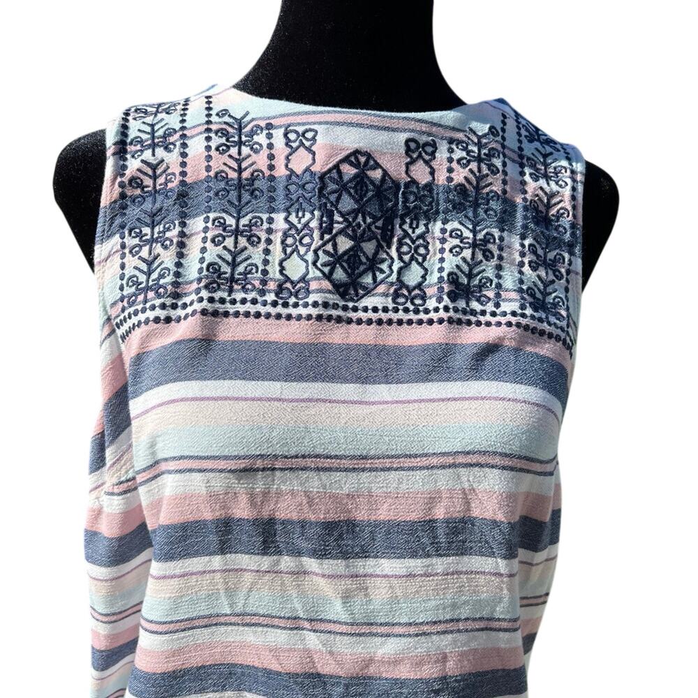 TRIBAL womenās size M stripe tank top with embroidery on neckline